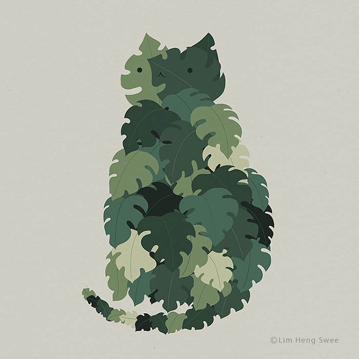 Gatos e plantas: ilustração de gato brincalhão por Lim Heng Swee