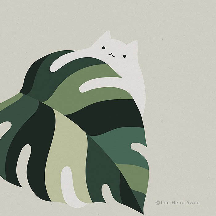 Gatos e plantas: ilustração de gato brincalhão por Lim Heng Swee