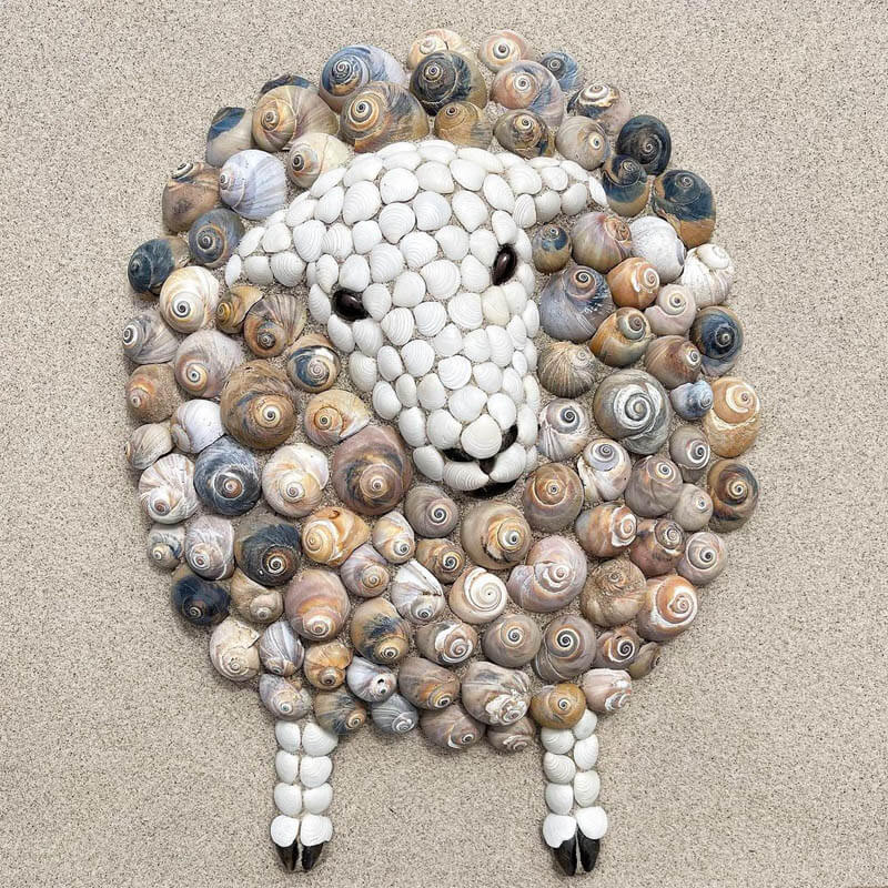 Adoráveis ​​esculturas de animais feitas de conchas encontradas na praia