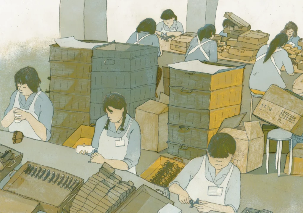O ilustrador Chenyue Yuan investiga profundamente as histórias sociais para contar a história de trabalhadores chineses que vivem e trabalham em fábricas