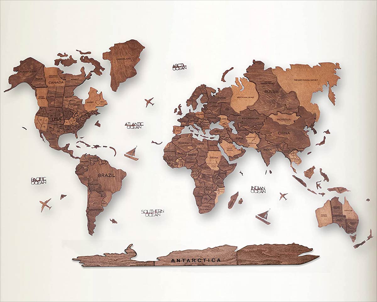 7 melhores arte de parede de mapa do mundo em madeira 3D